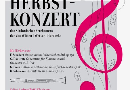 🎶 HERBSTKONZERT 2025 Sinfonisches Orchester der VHS Witten | Wetter | Herdecke Leitung: Anneka Lohn 📅 Samstag, 01.11.2025 – 19:00 Uhr Stiftskirche Herdecke 📅 Sonntag, 02.11.2025 – 17:00 Uhr Universität Witten-Herdecke 🎻 Programm: • Franz Schubert – Ouvertüre im Italienischen Stil • Gaetano Donizetti – Concertino für Klarinette und Orchester • Gabriel Fauré – Pelléas et Mélisande (Suite) • Robert Schumann – Sinfonie Nr. 4 d-moll 🌟 Solist: Andreas Weiß, Klarinette (1. Klarinettist der Bochumer Symphoniker) 🎟 Eintritt: 15 € Schüler*innen & Studierende frei 🛒 Vorverkauf: • Adler-Apotheke Witten-Annen, Stockumer Str. 21 • Adler-Apotheke Herdecke, Hauptstraße 62 📍 Veranstaltungsorte: • Stiftskirche Herdecke – Alte Stiftsstraße 2 • Universität Witten-Herdecke – Alfred-Herrhausen-Str. 50 🎼 In Kooperation mit der Bürgerstiftung Herdecke